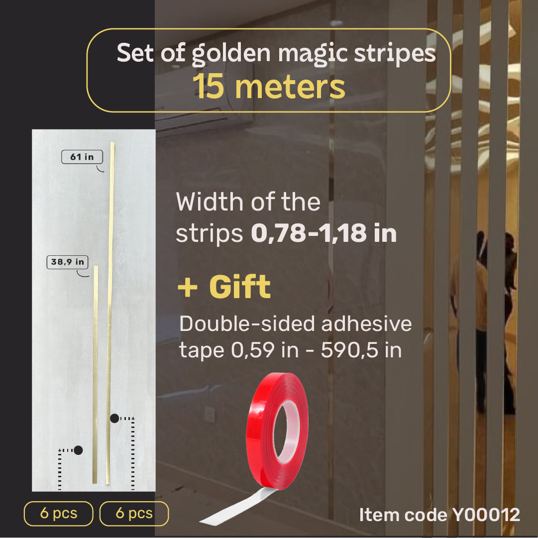 Set of 12 Mirror Wall Decor Sticker Magic Stripes DFA (Gold Stripes for Wall) Size 15m - 20mm/25mm/30mm/ (Y00012)