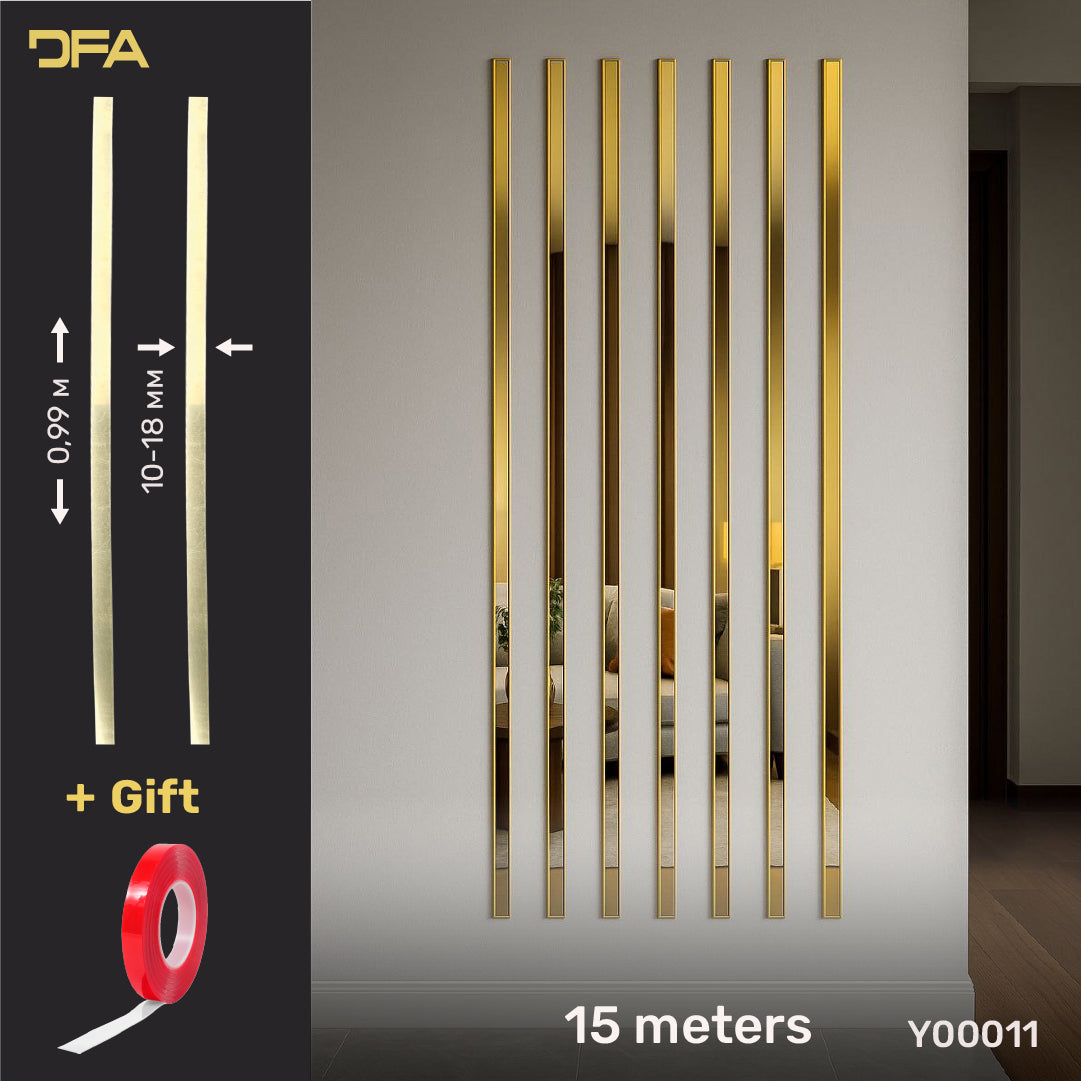 Set of 11 Mirror Wall Decor Sticker Magic Stripes DFA (Gold Stripes for Wall) Size 15m - 10mm/12mm/15mm/18mm (Y00011)