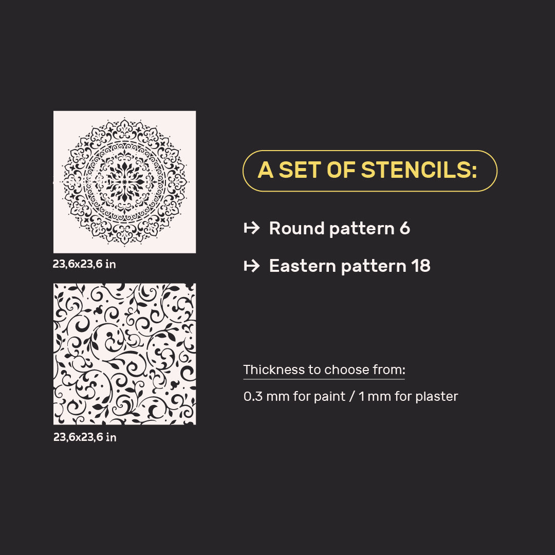 Set for plaster and paint wall decoration 15 DFA stencils (Round pattern 6 + Oriental pattern 18) 0.3-1 mm (N00015)
