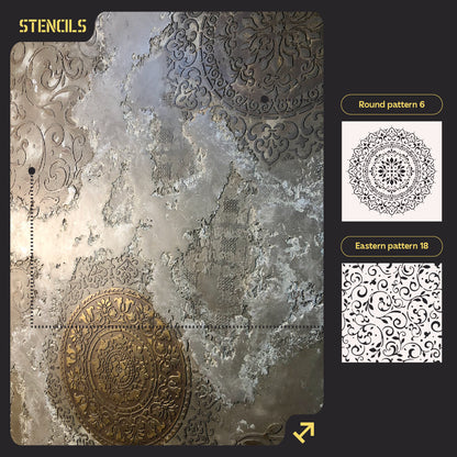 Set for plaster and paint wall decoration 15 DFA stencils (Round pattern 6 + Oriental pattern 18) 0.3-1 mm (N00015)