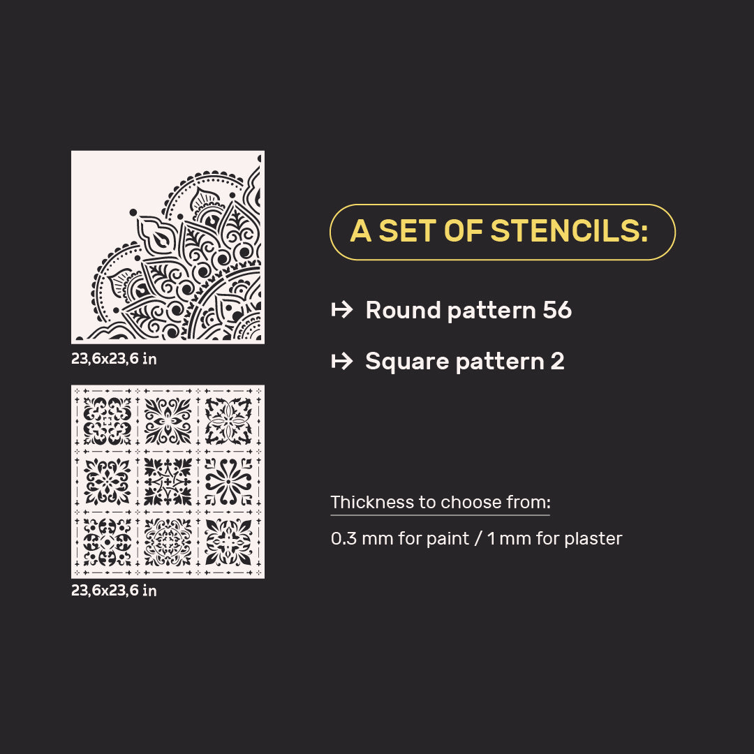 Wall decoration set for plaster and paint 18 Stencils DFA (Round pattern 56 + Square pattern 2) 0.3-1 mm (N00018)