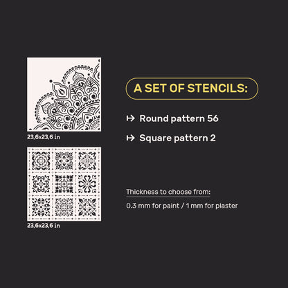 Wall decoration set for plaster and paint 18 Stencils DFA (Round pattern 56 + Square pattern 2) 0.3-1 mm (N00018)