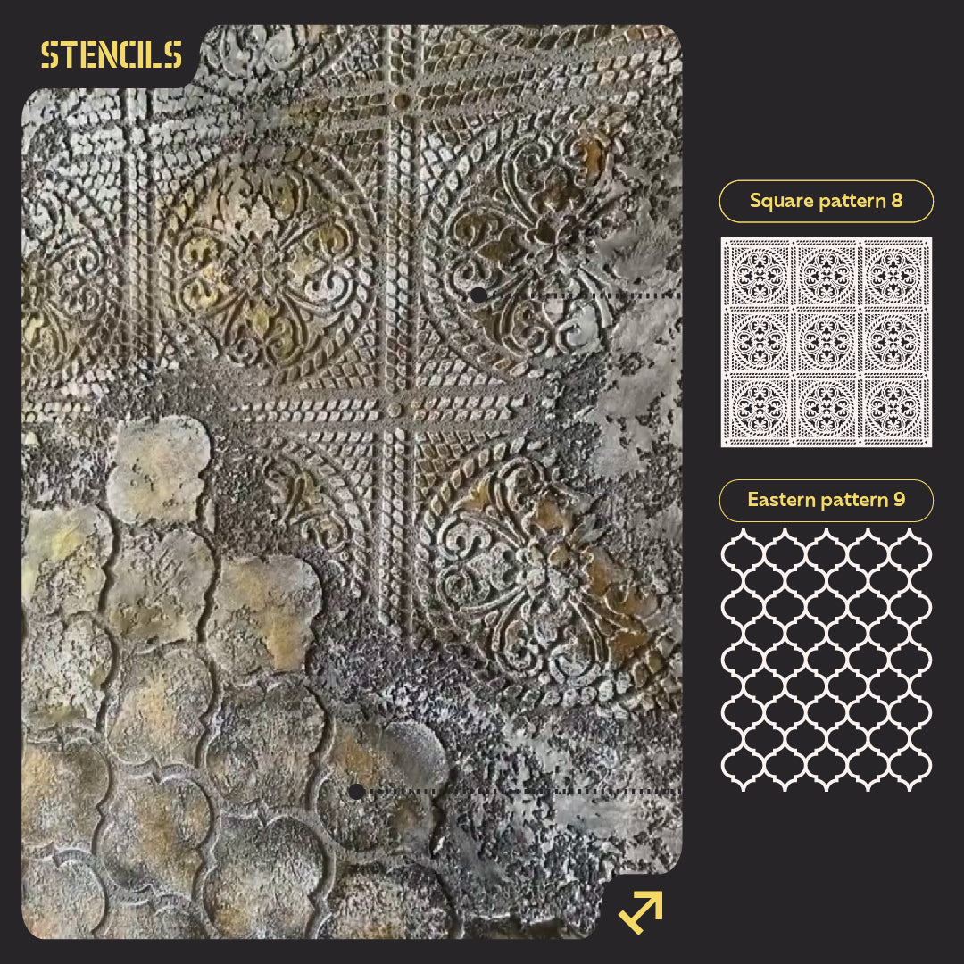 Wall decoration set for plaster and paint 21 (Square pattern 8 + Oriental pattern 9) 0.3-1 mm (N00021)