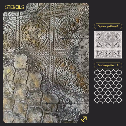 Wall decoration set for plaster and paint 21 (Square pattern 8 + Oriental pattern 9) 0.3-1 mm (N00021)