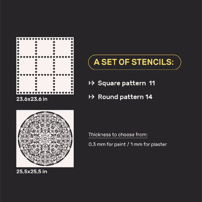 Wall decoration set for plaster and paint 26 (Square pattern 11 + Round pattern 14) 0.3-1 mm (N00026)