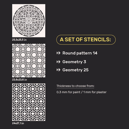 Wall decoration set for plaster and paint 19 DFA stencils (Round pattern 14 + Geometry 3 + Geometry 25) 0.3-1 mm (N00019)