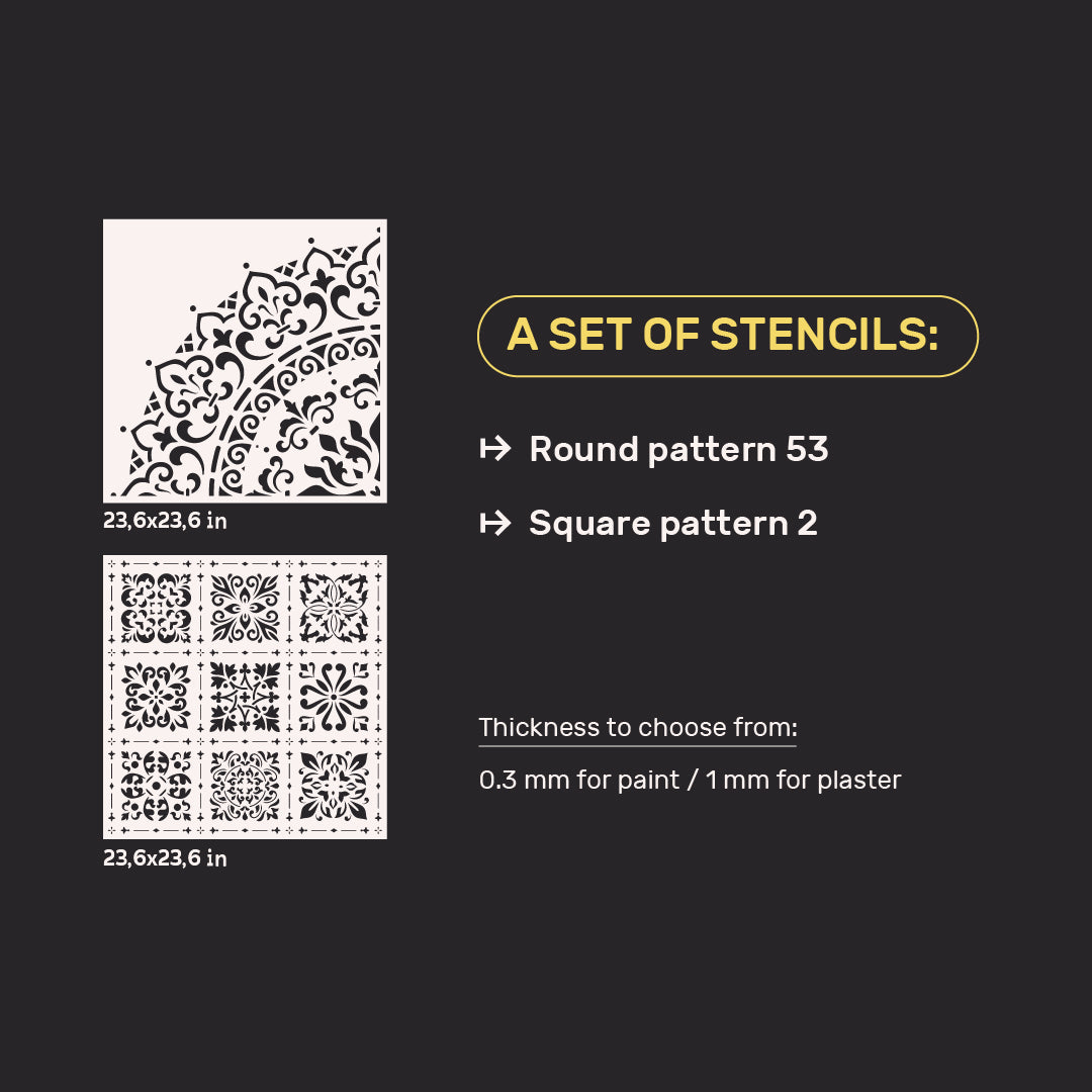 Wall decoration set for plaster and paint 23 (Round pattern 53 + Square pattern 2) 0.3-1 mm (N00023)