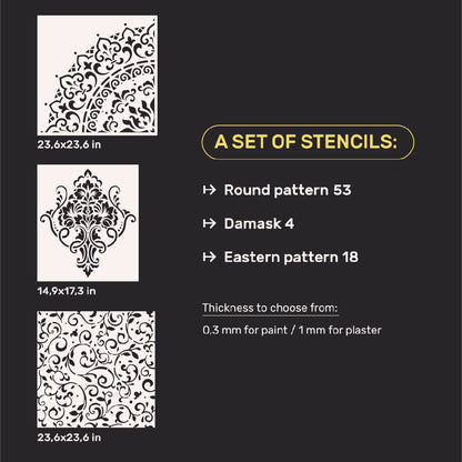 Wall decoration set for plaster and paint 31 (Round pattern 53 + Damask 4 + Oriental pattern 18) 0.3-1 mm (N00031)
