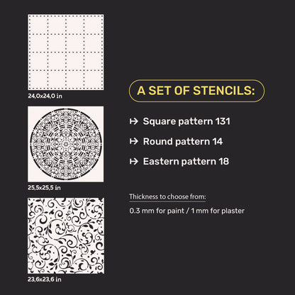 DFA 3-Piece Stencil Set Square, Round and Oriental Patterns: Three Styles for Any Design 0.3-1mm (N00151)