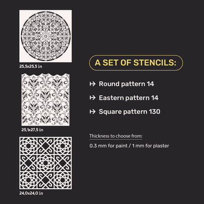 Set of 3 DFA Stencils Square, Circle, East: The Easy Way to Diverse and Professional Design 0.3-1 mm (N00153)