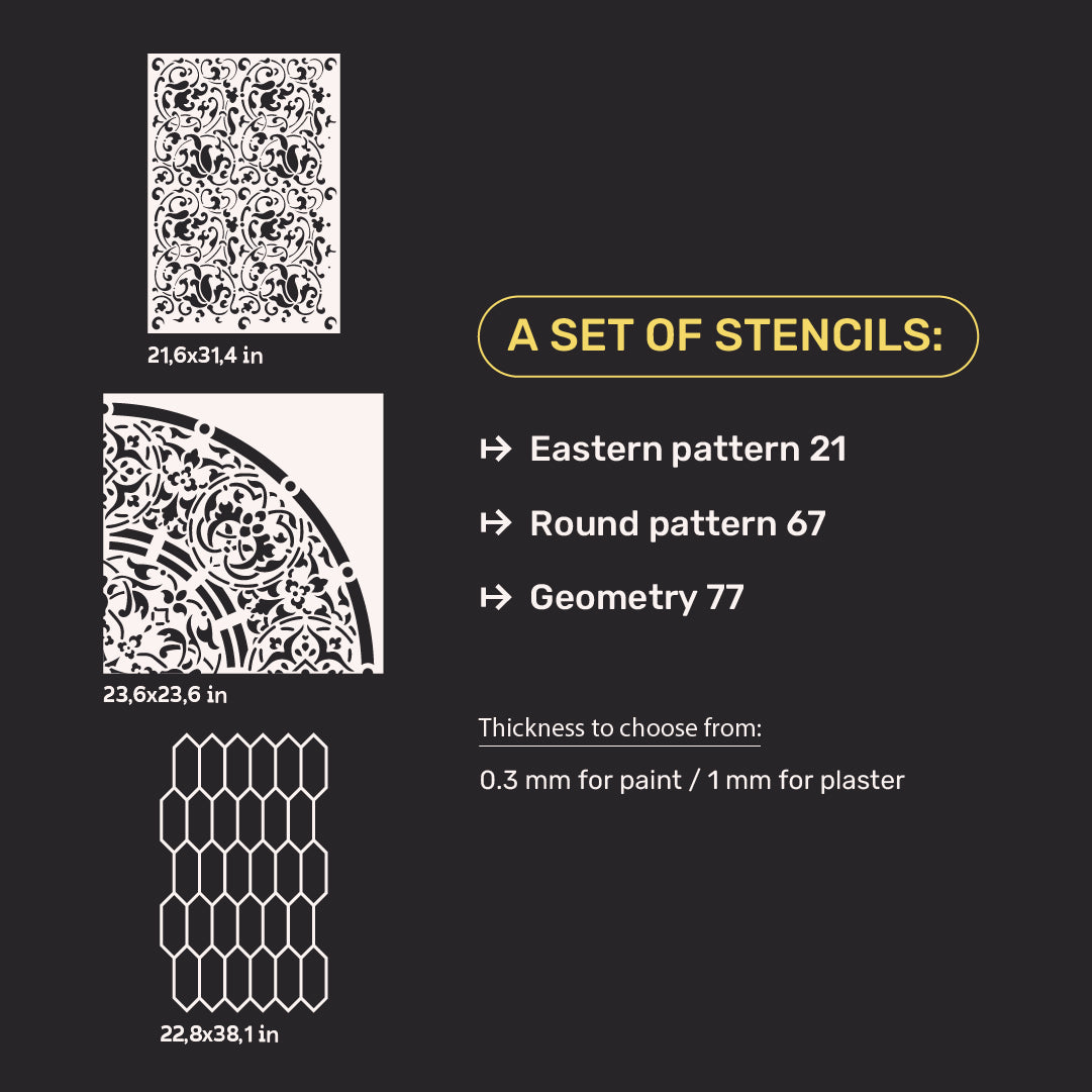 DFA set of 3 stencils: Oriental motifs + Round patterns + Geometry – decor for paint and plaster 0.3-1 mm (N00156)