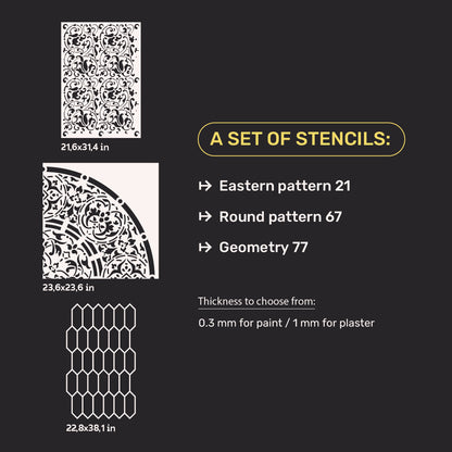 DFA set of 3 stencils: Oriental motifs + Round patterns + Geometry – decor for paint and plaster 0.3-1 mm (N00156)