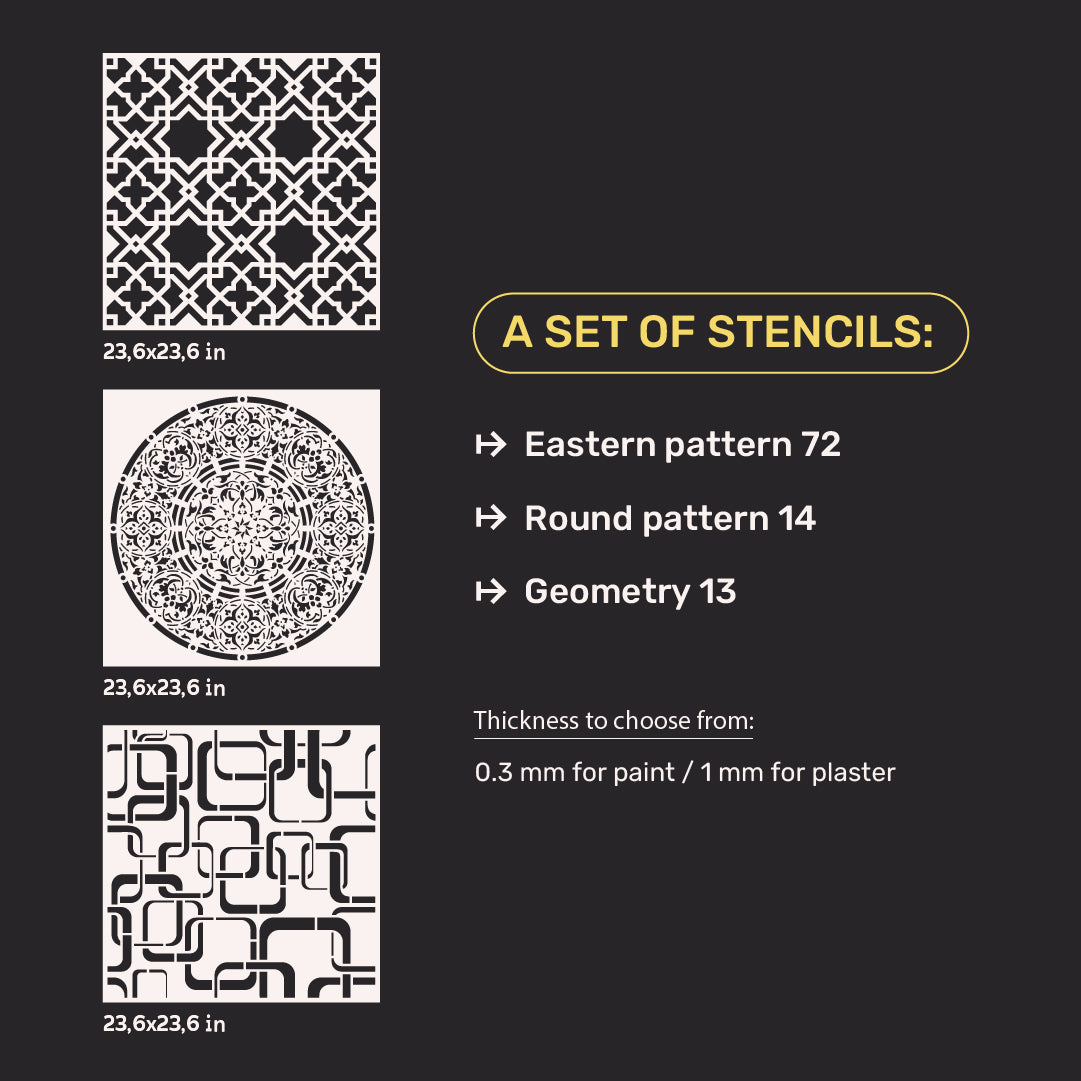 DFA stencil set (Oriental 72+ Round 14+ Geometry 13) for plaster and paint 0.3-1 mm (N00052)