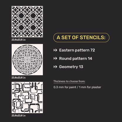 DFA stencil set (Oriental 72+ Round 14+ Geometry 13) for plaster and paint 0.3-1 mm (N00052)