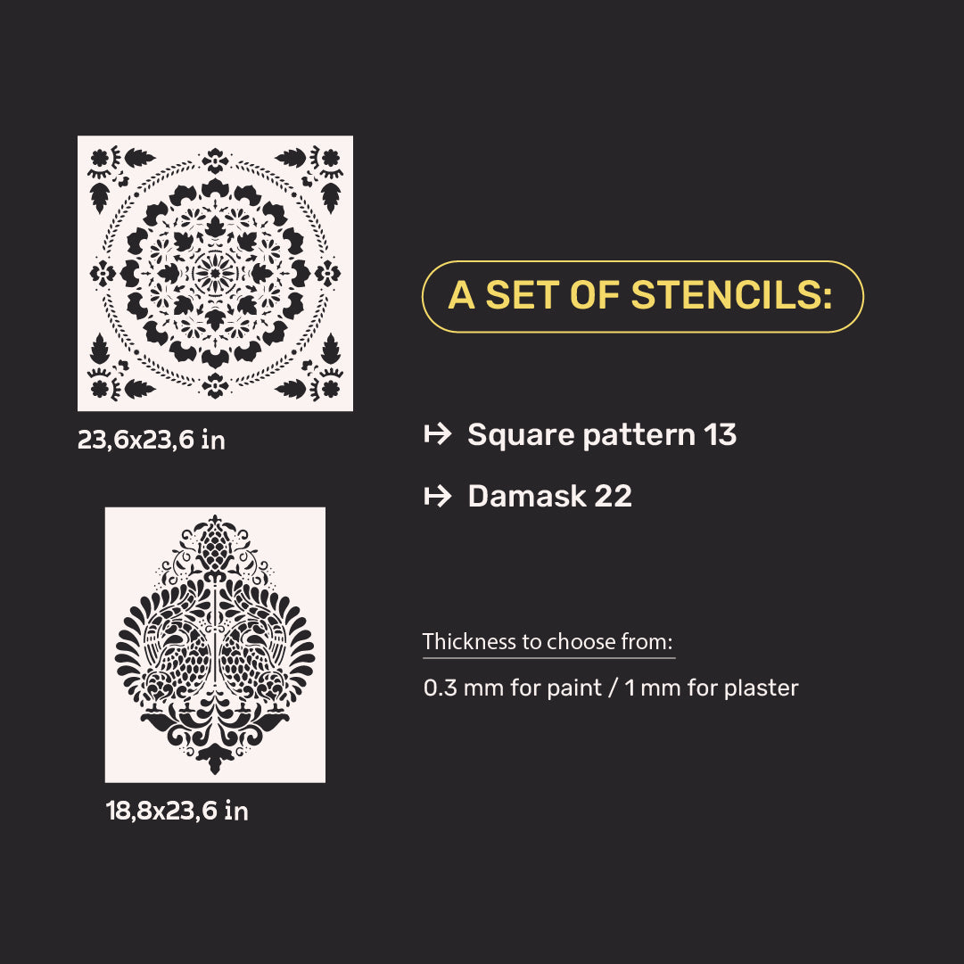 Set of stencils DFA decor for plaster and paint (Square 13 + Damask 22) 0.3-1 mm (N00118)