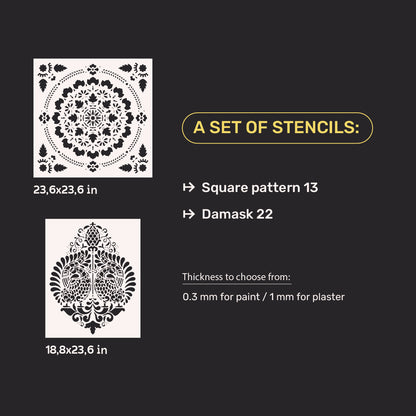 Set of stencils DFA decor for plaster and paint (Square 13 + Damask 22) 0.3-1 mm (N00118)