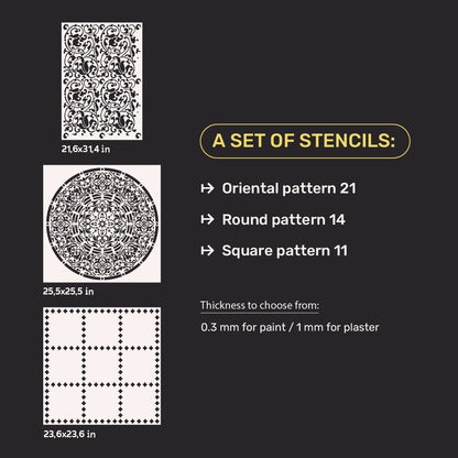 Wall decoration set for plaster and paint 35 (Oriental pattern 21 + Round pattern 14 + Square pattern 11) 0.3-1 mm (N00035)