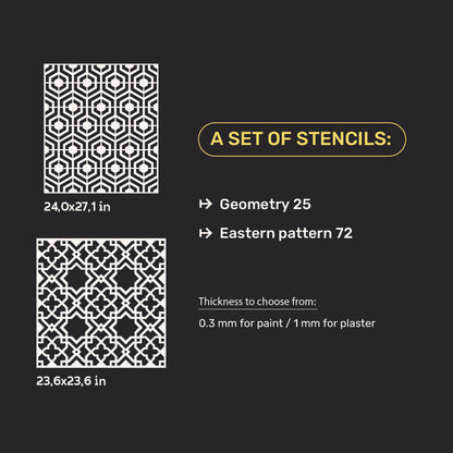 Set of DFA stencils for walls (Geometry 25 + Eastern 72) for plaster and paint 0.3-1 mm (N00088)