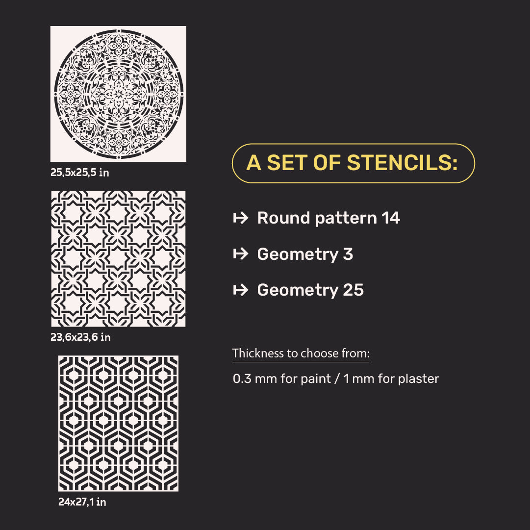 Set of stencils DFA (Round 14+ Geometry 3+ Geometry 25) for plaster and paint 0.3-1 mm (N00046)