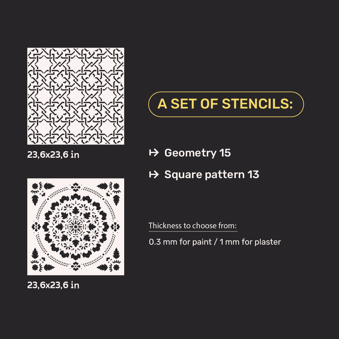 DFA Stencils set for decoration (Geometry 15 + Square 13) for plaster and paint 0.3-1 mm (N00108)