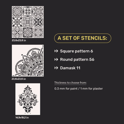 Wall decoration set for plaster and paint 6 Stencils DFA (Square pattern 6 + Round pattern 56 + Damask 11) 0.3-1 mm (N00006)