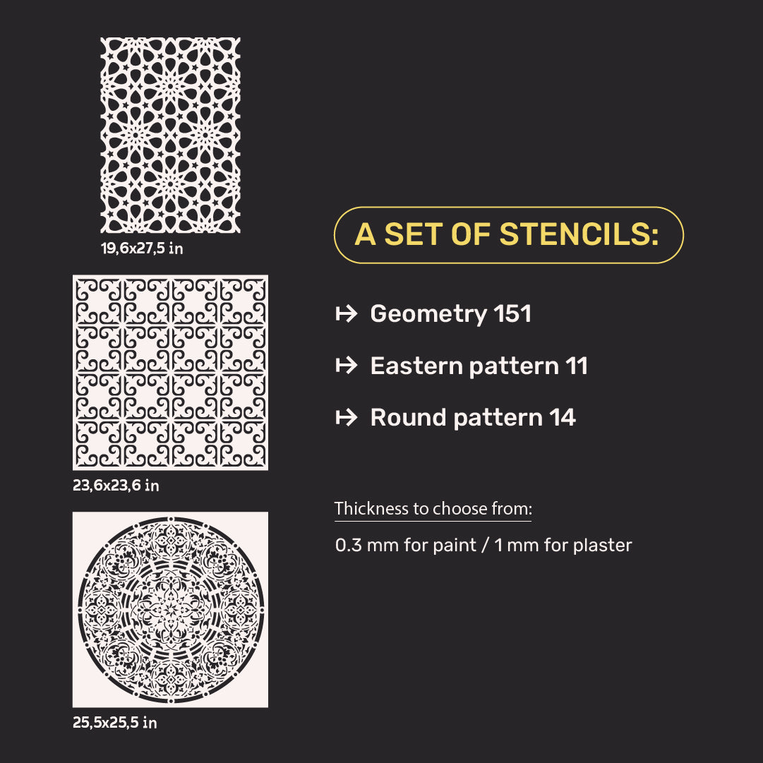 Set of stencils DFA (Geometry 151 + Eastern 11 + Round 14) for plaster and paint 0.3-1 mm (N00044)