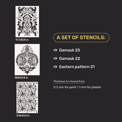 Stencils DFA set for decoration under plaster and paint (Damask 25 + Damascus 22 + Oriental 21) 0.3-1 mm (N00130)