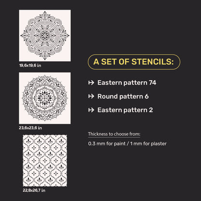 Set of 3 DFA stencils – Oriental and Round patterns for plaster and paint 0.3-1 mm (N00145)