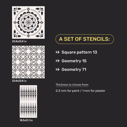 Wall decor stencil set DFA (Square 13 + Geometry 15 + Geometry 71) for plaster and paint 0.3-1 mm (N00096)