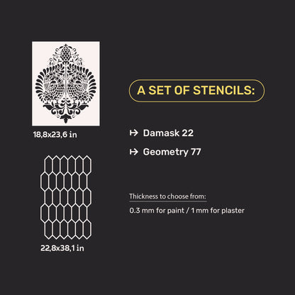 Set of stencils DFA decor for plaster and paint (Damask 22 + Geometry 77) 0.3-1 mm (N00067)