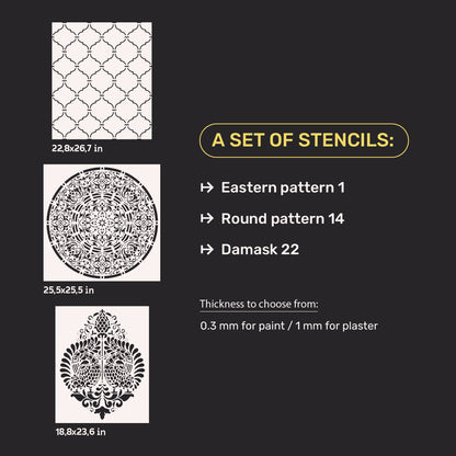 Stencils DFA stylish decor (Oriental 1 + Round 14 + Damascus 22) for plaster and paint 0.3-1 mm (N00077)