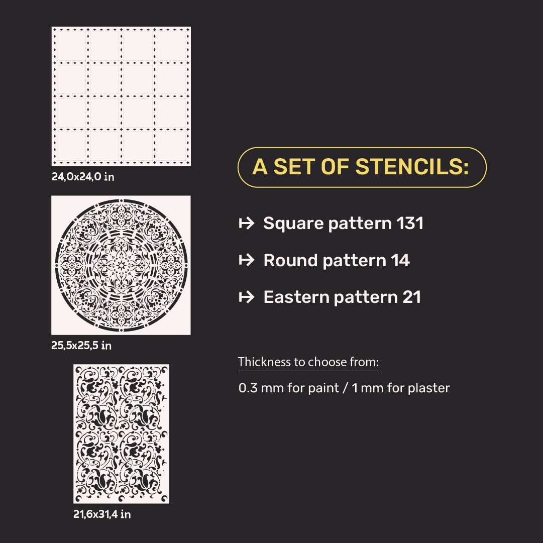 DFA Stencils for walls (Square 131 + Round 14 + Eastern 21) for plaster and paint 0.3-1 mm (N00127)