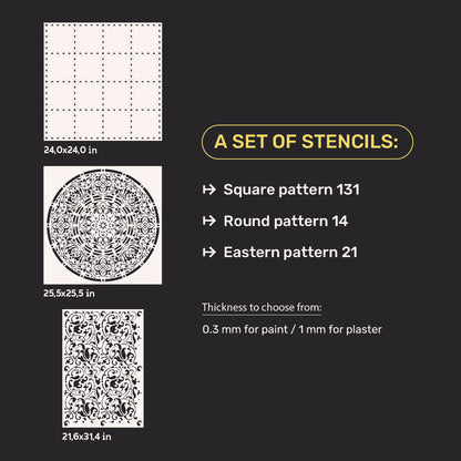 DFA Stencils for walls (Square 131 + Round 14 + Eastern 21) for plaster and paint 0.3-1 mm (N00127)