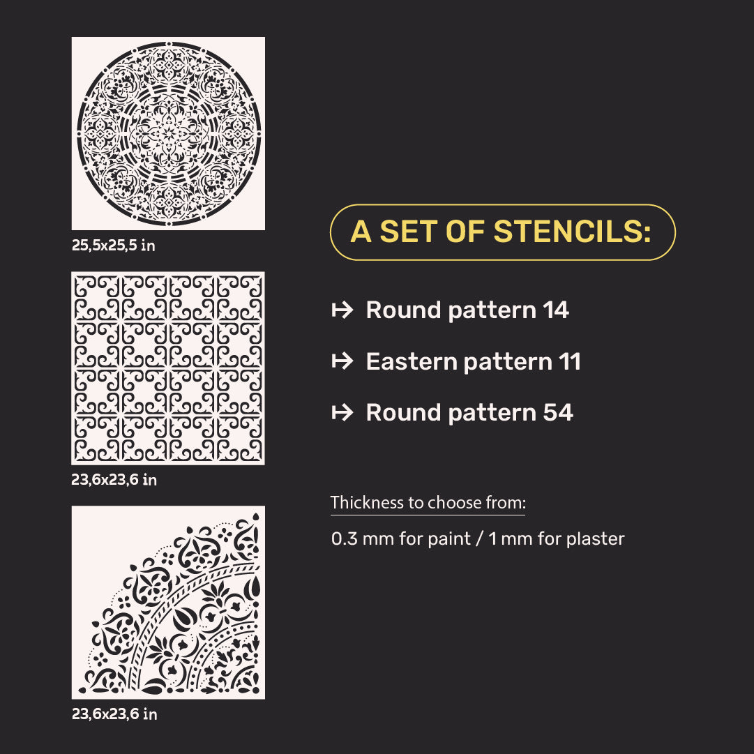 Set of 3 DFA stencils: Creative decor with Round and Oriental motifs for plaster and paint 0.3-1 mm (N00146)