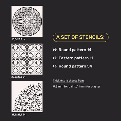 Set of 3 DFA stencils: Creative decor with Round and Oriental motifs for plaster and paint 0.3-1 mm (N00146)