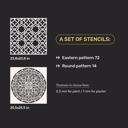 Set for plaster and paint wall decoration 10 DFA stencils (Oriental pattern 72 + Round pattern 14) 0.3-1 mm (N00010)