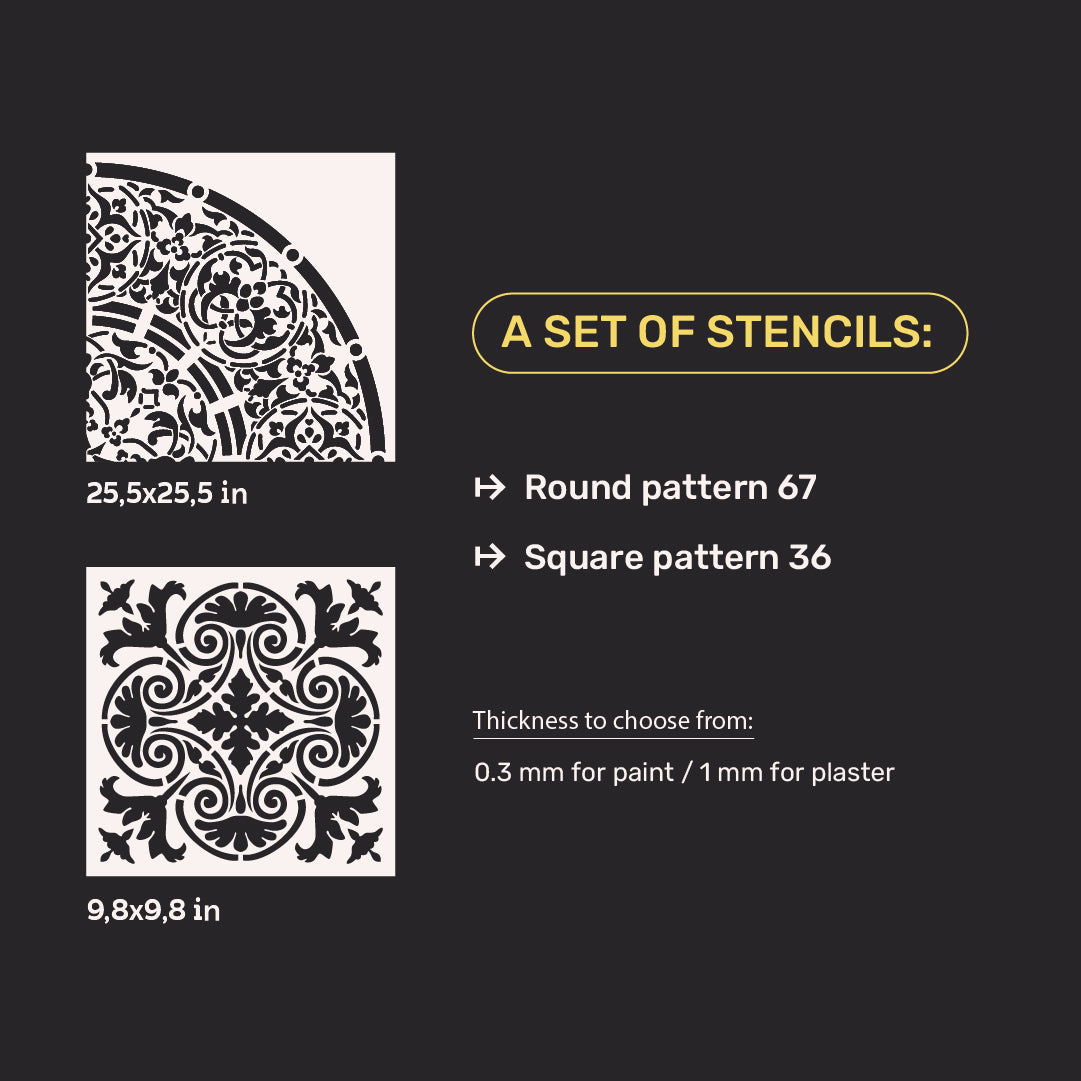 Wall decoration set for plaster and paint 3 DFA stencils (Square pattern 36 + Round pattern 67) 0.3-1 mm (N00003)