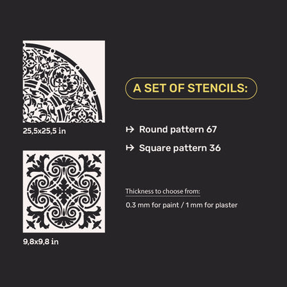Wall decoration set for plaster and paint 3 DFA stencils (Square pattern 36 + Round pattern 67) 0.3-1 mm (N00003)
