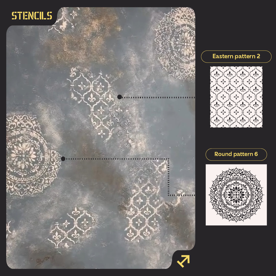 Set for plaster and paint wall decoration 5 Stencils DFA (Round pattern 6 + Oriental pattern 2) 0.3-1 mm (N00005)