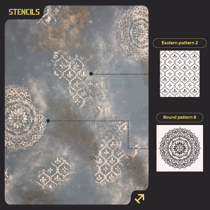 Set for plaster and paint wall decoration 5 Stencils DFA (Round pattern 6 + Oriental pattern 2) 0.3-1 mm (N00005)