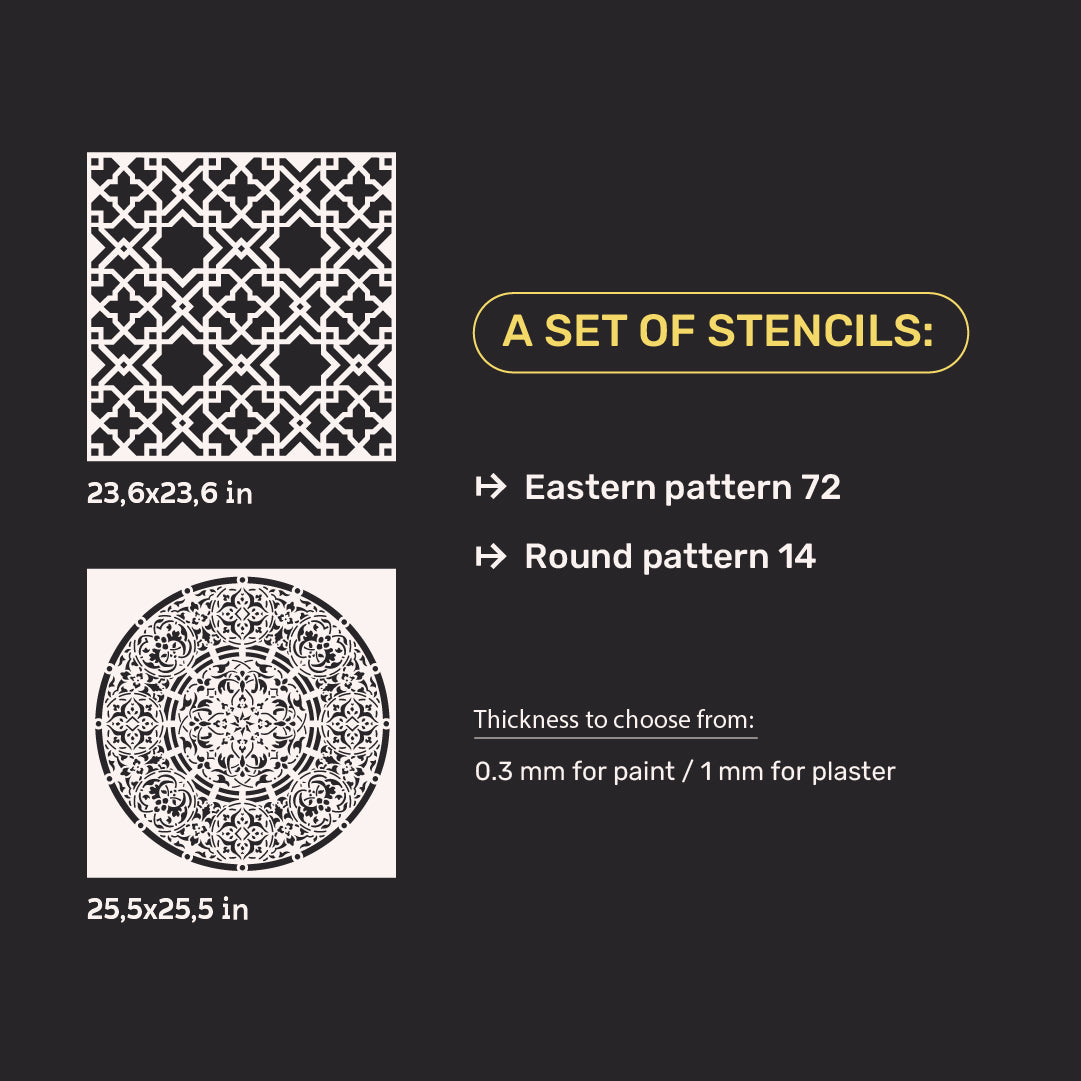 Stencils DFA set for wall decoration (Eastern 72 + Round 14) for plaster and paint 0.3-1 mm (N00117)
