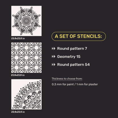 Wall decoration set for plaster and paint 14 DFA stencils (Round pattern 7 + Geometry 15 + Round pattern 54) 0.3-1 mm (N00014)