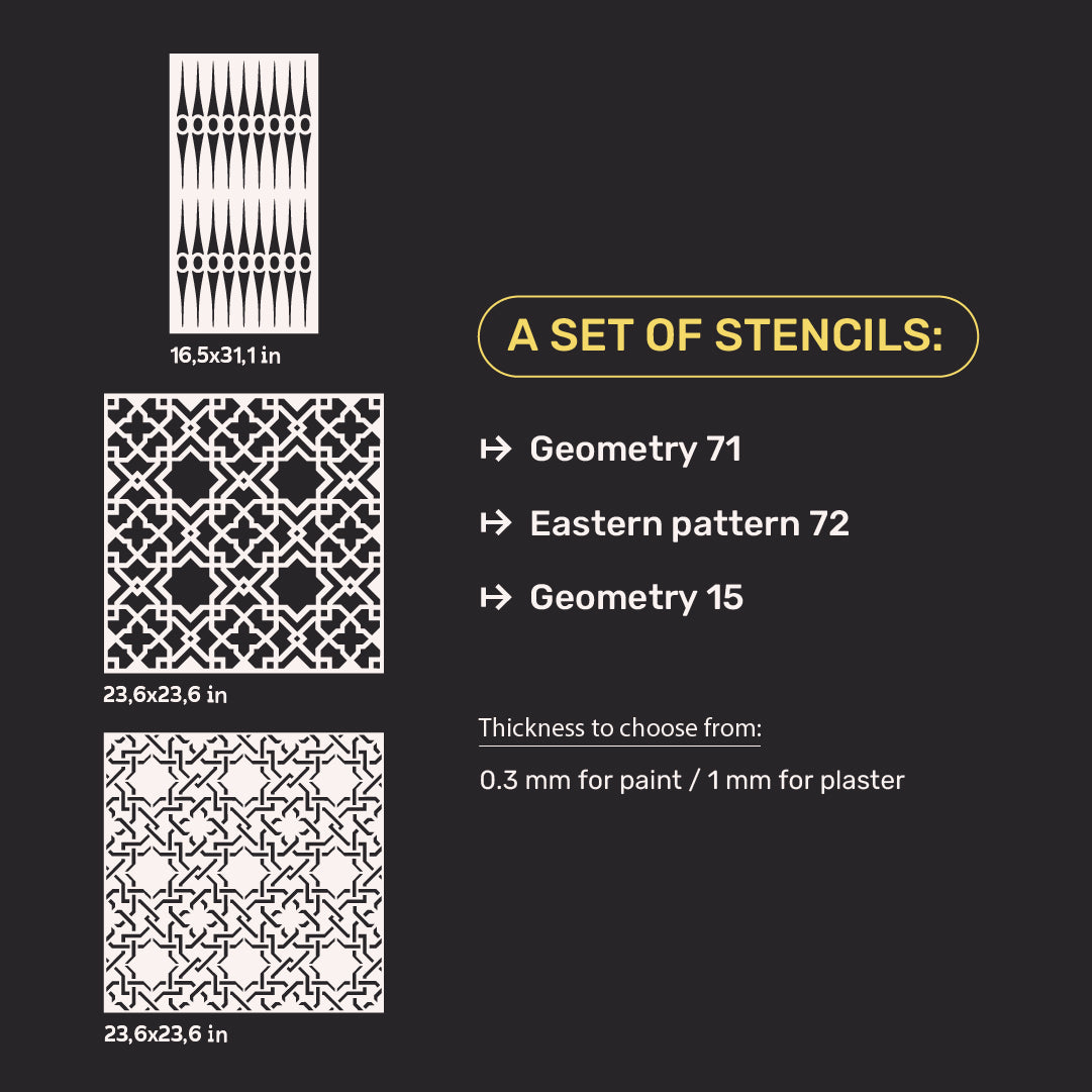 Stencils DFA set (Geometry 71 + Eastern 72 + Geometry 15) for plaster and paint 0.3-1 mm (N00079)