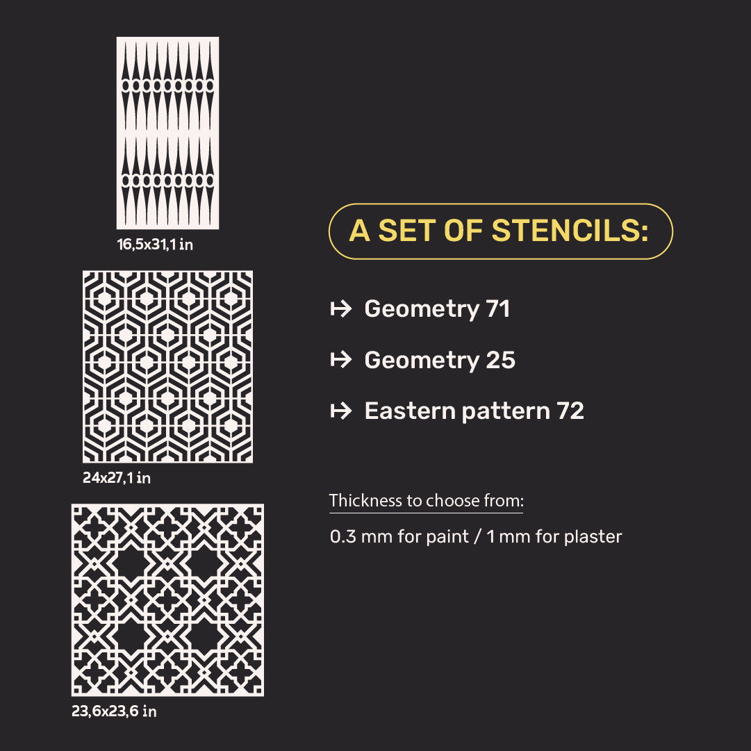 Set of stencils DFA (Geometry 71 + Geometry 25 + Eastern 72) for plaster and paint 0.3-1 mm (N00048)
