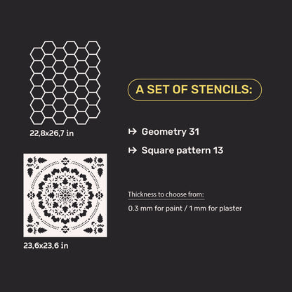Set of stencils DFA wall decor (Geometry 31 + Square 13) for plaster and paint 0.3-1 mm (N00111)