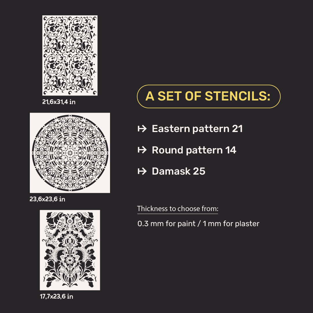 DFA Set of stencils (Oriental 21 + Round 14 + Damascus 25) for plaster and paint 0.3-1 mm (N00065)