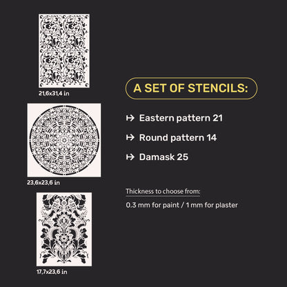 DFA Set of stencils (Oriental 21 + Round 14 + Damascus 25) for plaster and paint 0.3-1 mm (N00065)