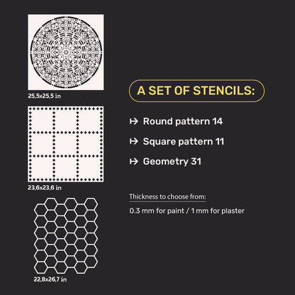 Stencils DFA set (Round 14 + Square 11 + Geometry 31) for plaster and paint 0.3-1 mm (N00110)