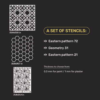 Set of stencils DFA (East 72 + Geometry 31 + East 21) for plaster and paint 0.3-1 mm (N00124)