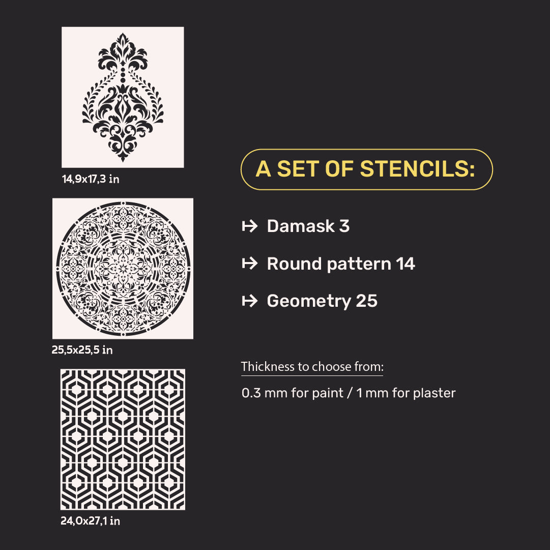 DFA stencils for decoration (Damask 3 + Round 14 + Geometry 25) for plaster and paint 0.3-1 mm (N00094)